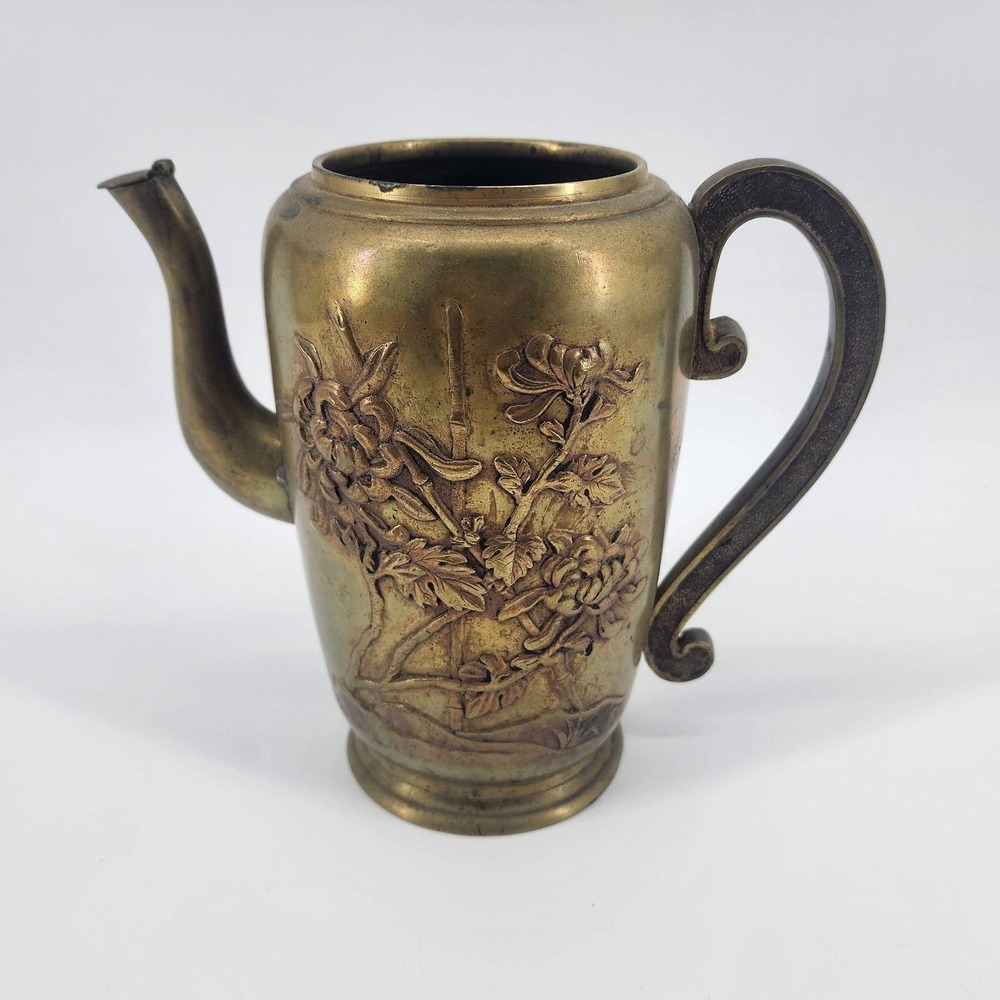 Antique Brass Teapot Relief Floral Chrysanthemum Meiji‎ Style Asian Metalwork